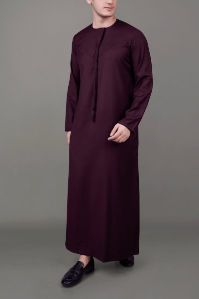 Maroon Emirati tassel thobe with chest embroidery and braided placket detail