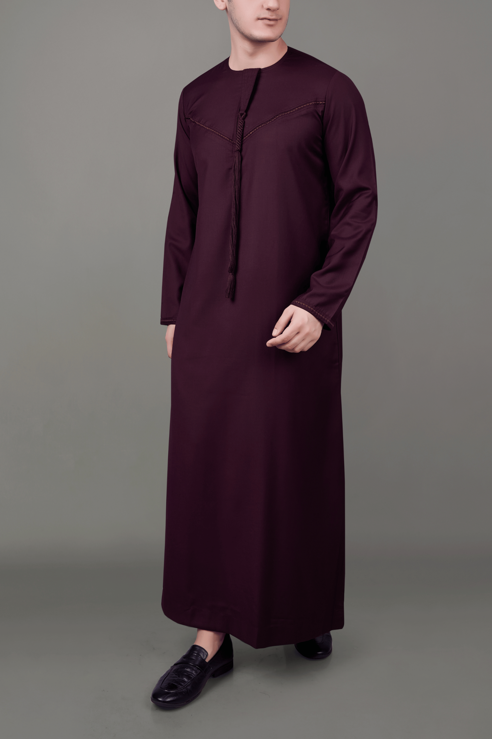 Emirati Maroon Tassel Thobe for Men Maroon Emirati tassel thobe with chest embroidery and braided placket detail