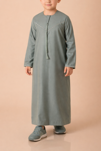 Kids sage green Emirati thobe with V panel contrast stitch and tassel