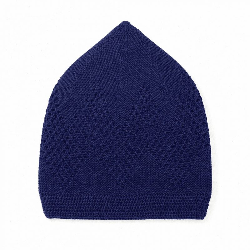 navy blue knitted islamic kufi prayer cap for men with diamond openwork breathable skull cap