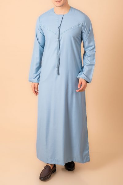 light blue emirati tassel thobe for men with braided front panel and round neck kandura style