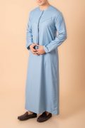 light blue emirati tassel thobe for men with braided front panel and round neck kandura style