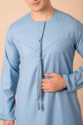 light blue emirati tassel thobe for men with braided front panel and round neck kandura style