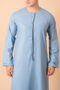 light blue emirati tassel thobe for men with braided front panel and round neck kandura style