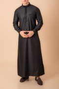 Jet Black Designer Thobe for Men with Textured Trim and Band Collar