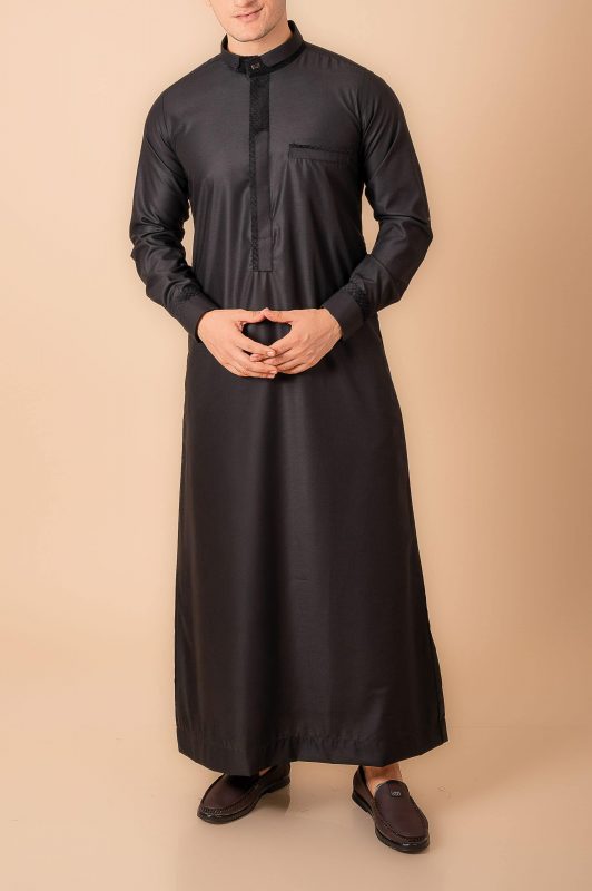Jet Black Designer Thobe for Men with Textured Trim and Band Collar