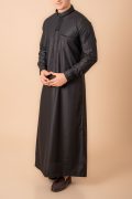 Jet Black Designer Thobe for Men with Textured Trim and Band Collar