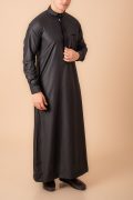Jet Black Designer Thobe for Men with Textured Trim and Band Collar