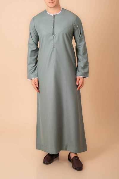 sage green emirati thobe for men with white piping modern panel cut traditional long robe