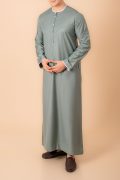 sage green emirati thobe for men with white piping modern panel cut traditional long robe