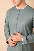 sage green emirati thobe for men with white piping modern panel cut traditional long robe