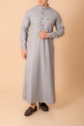 Light grey minimalist band collar men designer thobe with metal buttons and chest pocket