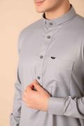 Light grey minimalist band collar men designer thobe with metal buttons and chest pocket