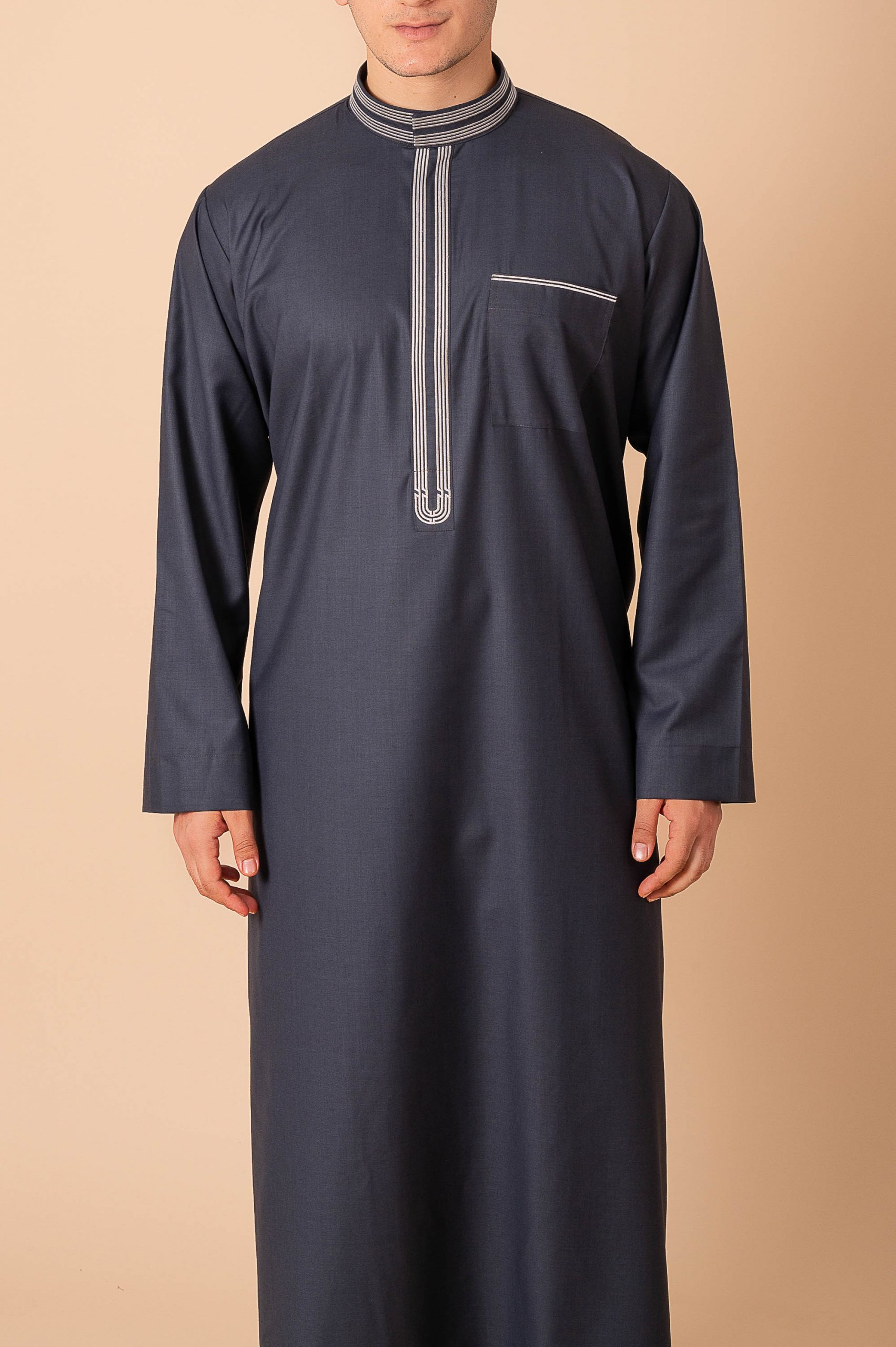 men white designer thobe with brown contrast piping saudi collar kandura and pocket trim