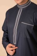 men white designer thobe with brown contrast piping saudi collar kandura and pocket trim