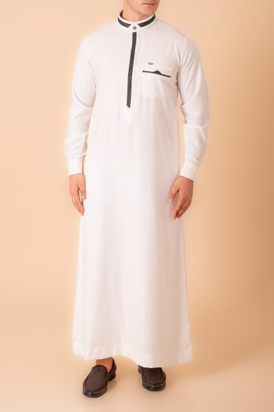Luxury white thobe with black contrast trim and gold collar detail