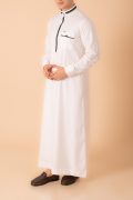 Luxury white thobe with black contrast trim and gold collar detail