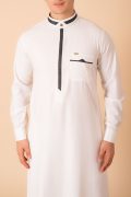 Luxury white thobe with black contrast trim and gold collar detail
