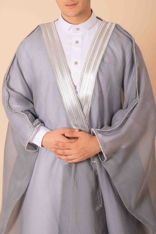 Elegant Grey Arabic Bisht with Silver Zari Embroidery for Men