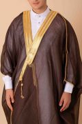 deep brown arabic bisht for men with gold zari edge embroidery open front traditional cloak