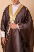 deep brown arabic bisht for men with gold zari edge embroidery open front traditional cloak