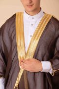 deep brown arabic bisht for men with gold zari edge embroidery open front traditional cloak