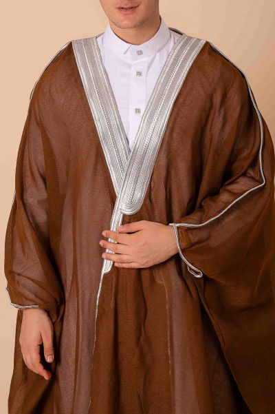 luxury brown arabic bisht for men with silver zari edge embroidery open front traditional cloak