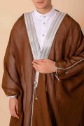 luxury brown arabic bisht for men with silver zari edge embroidery open front traditional cloak