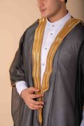 luxury dark grey arabic bisht for men with gold zari edge embroidery open front traditional cloak