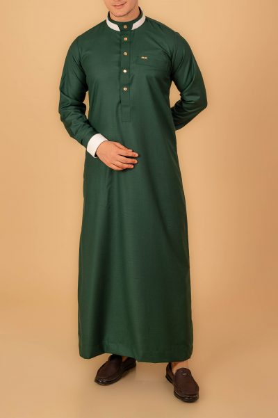 Forest green men thobe with contrast collar and gold buttons