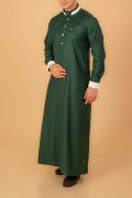 emerald green designer thobe for men with white contrast collar and gold buttons