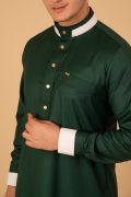 emerald green designer thobe for men with white contrast collar and gold buttons