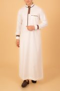 men white designer thobe with brown contrast piping saudi collar kandura and pocket trim