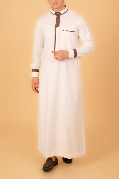 men white designer thobe with brown contrast piping saudi collar kandura and pocket trim
