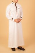 men white designer thobe with brown contrast piping saudi collar kandura and pocket trim