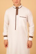 men white designer thobe with brown contrast piping saudi collar kandura and pocket trim