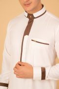 men white designer thobe with brown contrast piping saudi collar kandura and pocket trim