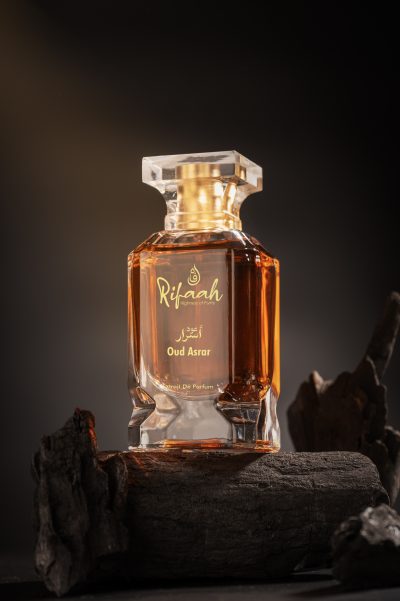 Rifaah Oud Asrar extrait de parfum amber oud fragrance in crystal glass bottle with gold detailing