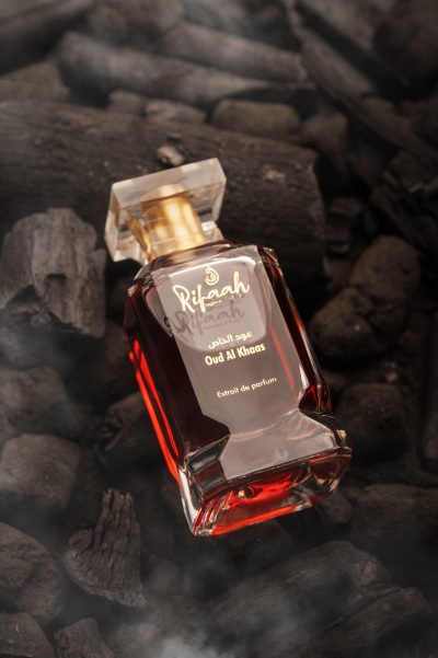 Rifaah Oud Al Khaas extrait de parfum ruby red bottle luxury oud perfume with gold detailing