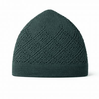 dark green knitted kufi prayer cap for men with geometric openwork design breathable islamic skull cap