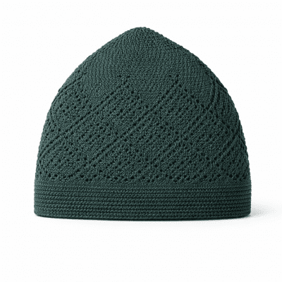 dark green knitted kufi prayer cap for men with geometric openwork design breathable islamic skull cap