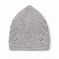 light grey knitted kufi prayer cap for men with geometric openwork design breathable islamic skull cap