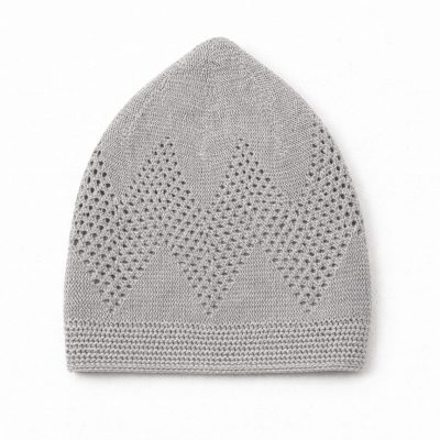 light grey knitted kufi prayer cap for men with geometric openwork design breathable islamic skull cap