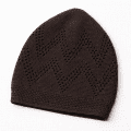 dark brown turkish sufi knitted prayer cap with geometric open work pattern and ribbed edge