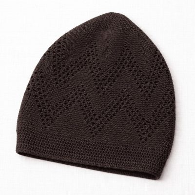 dark brown turkish sufi knitted prayer cap with geometric open work pattern and ribbed edge