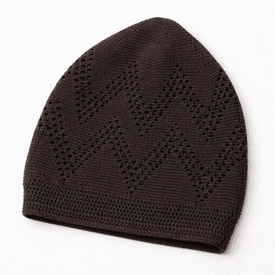 dark brown turkish sufi knitted prayer cap with geometric open work pattern and ribbed edge