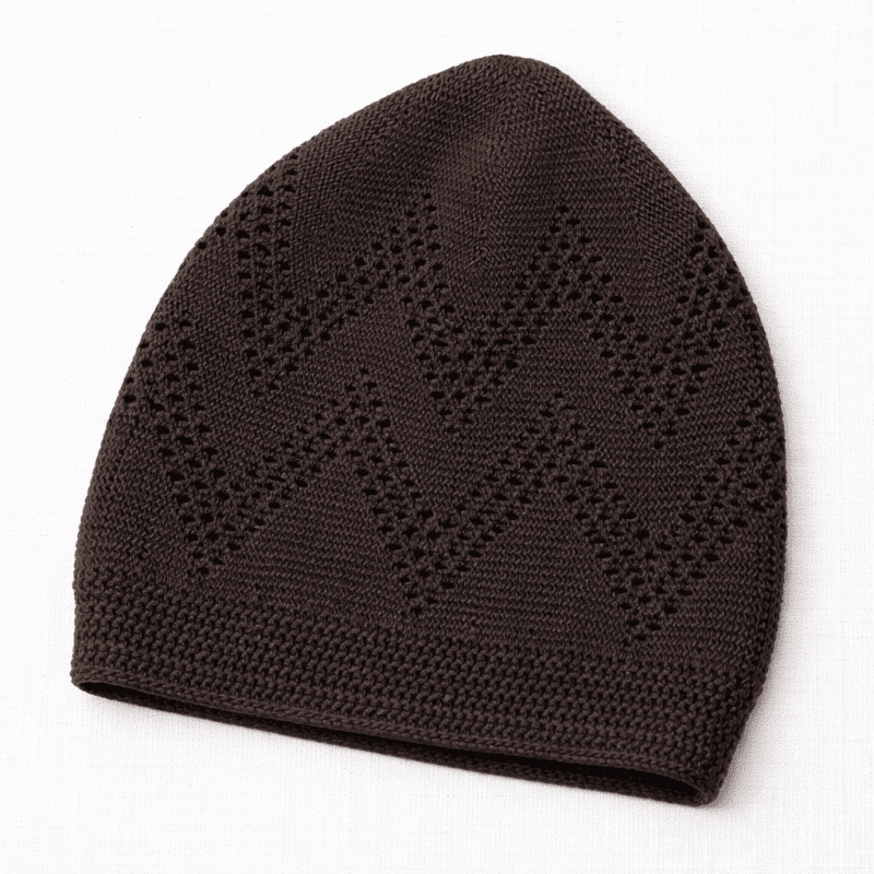 dark brown turkish sufi knitted prayer cap with geometric open work pattern and ribbed edge
