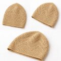 beige turkish sufi knitted prayer cap with geometric openwork pattern and ribbed edge