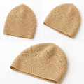 beige turkish sufi knitted prayer cap with geometric openwork pattern and ribbed edge