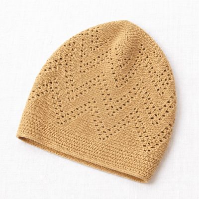beige turkish sufi knitted prayer cap with geometric openwork pattern and ribbed edge